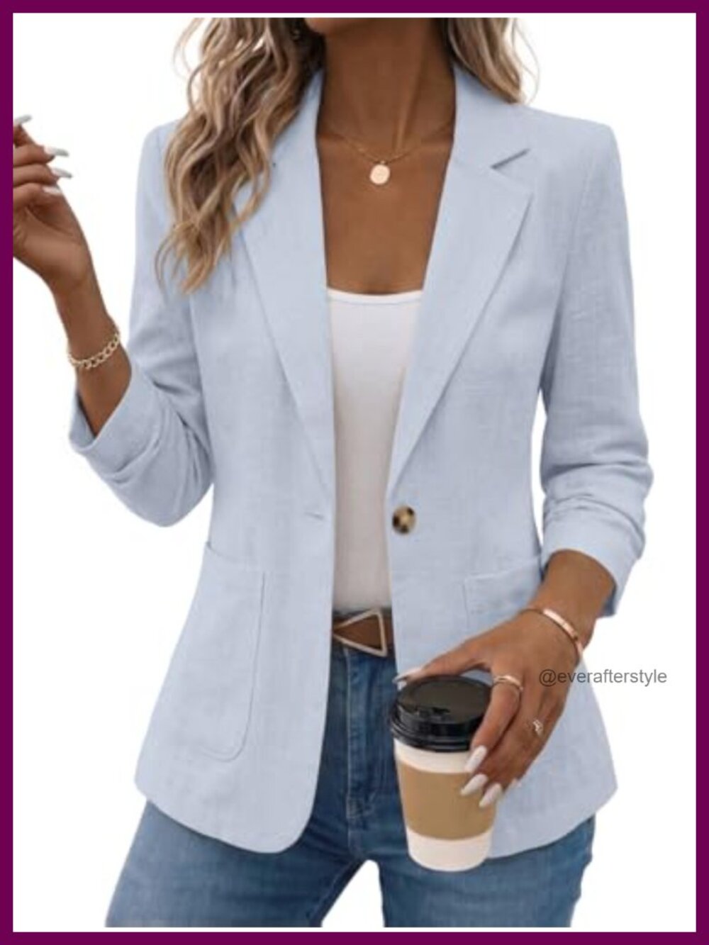 Linen Blend Blazer 3/4 Ruched Sleeve Business Casual Work